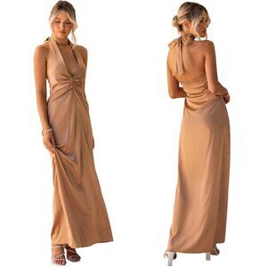 Peppermayo Stay Close Satin Maxi Dress Women's 0 Bronze Honey Halter Formal NWT